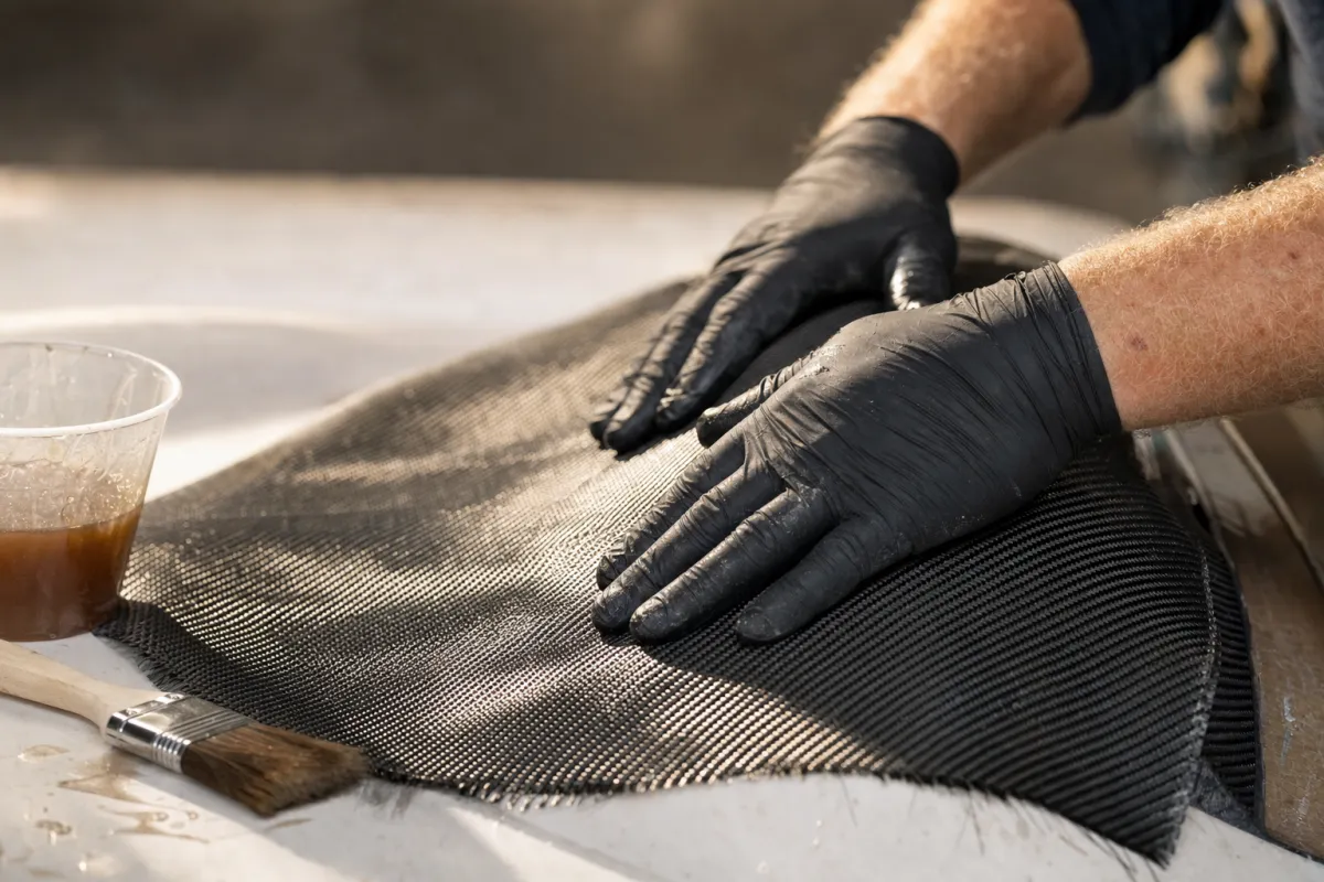 Gloved hands smoothing carbon fibre cloth into the curve of a part