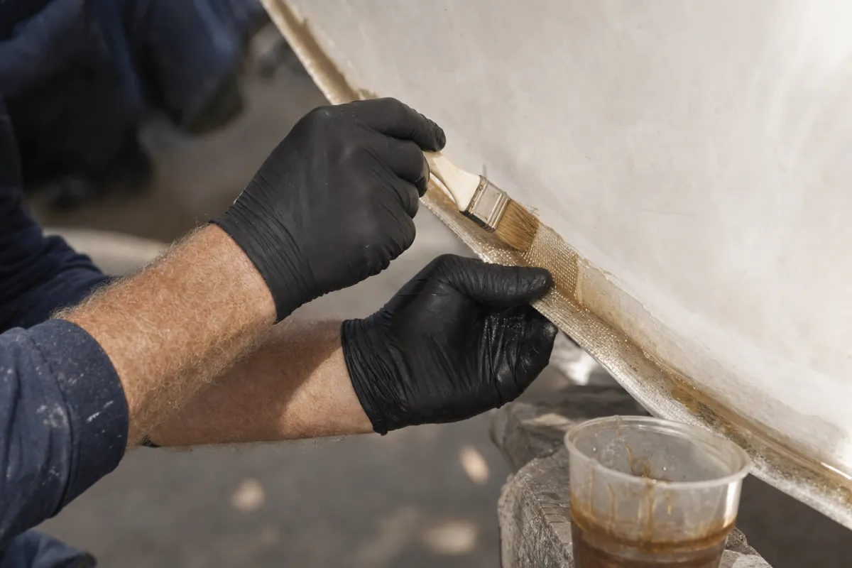 Gloved hands brushing resin into fibreglass tape along the joint between a transom and hull