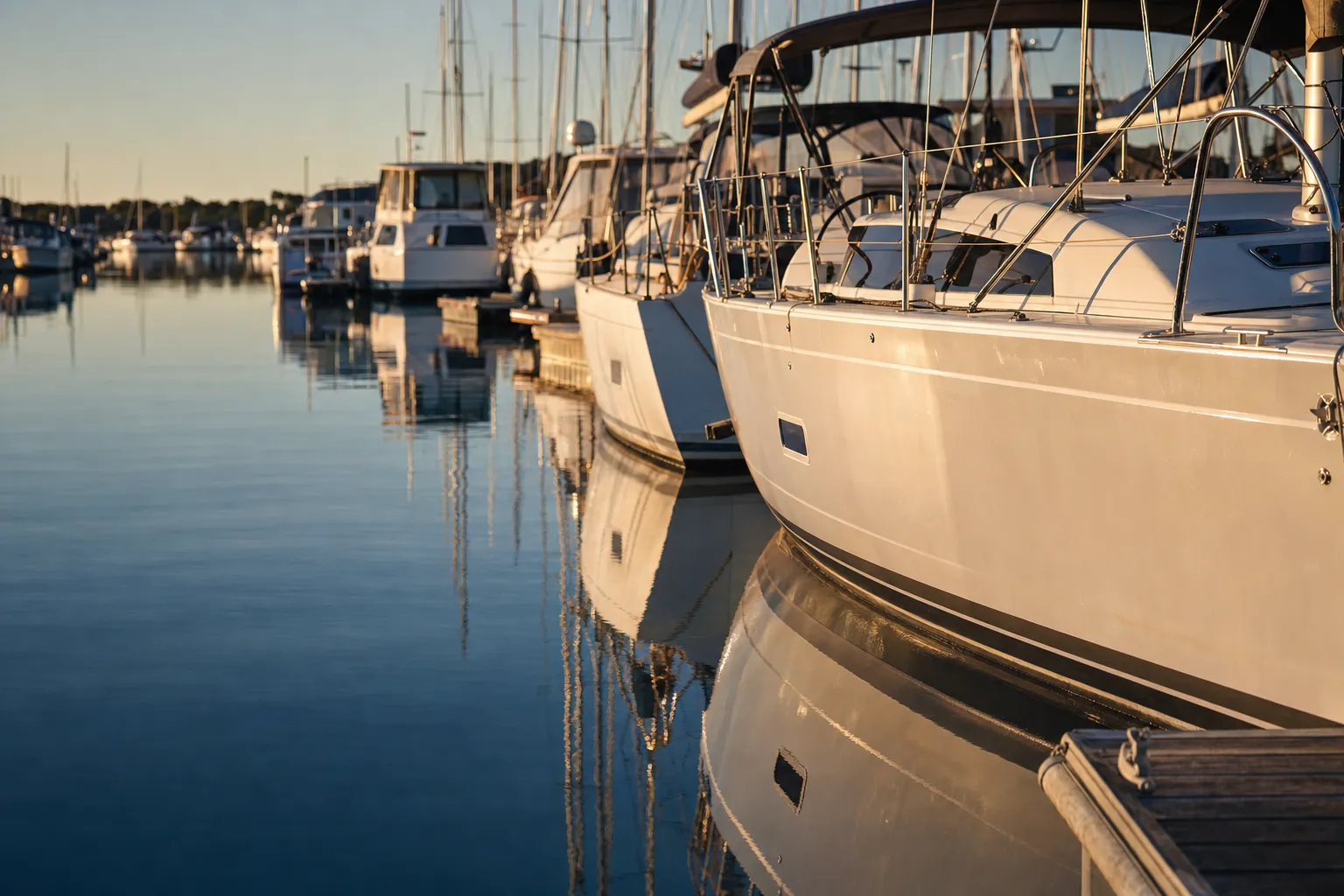 White yachts moored in a calm marina at first light